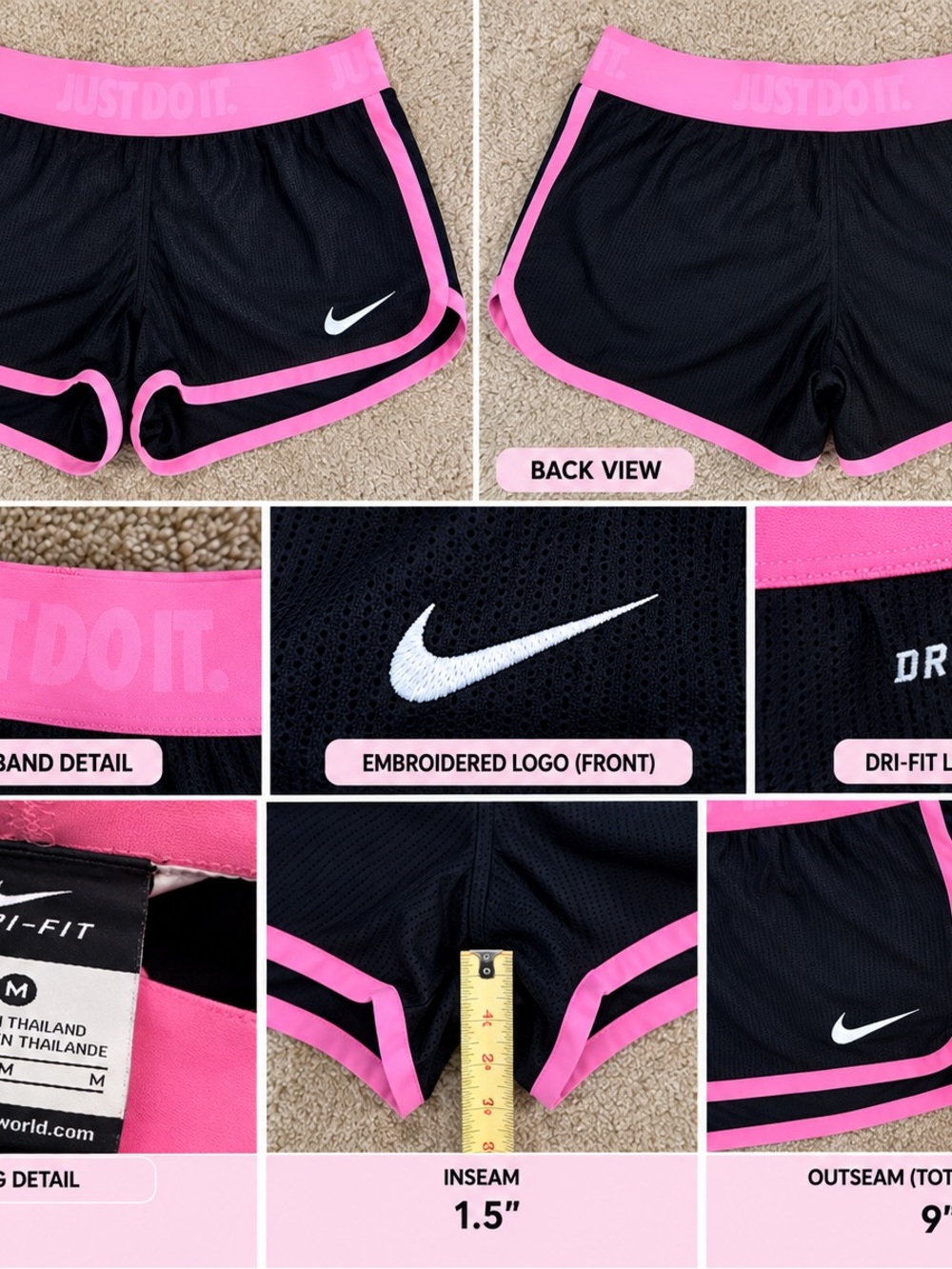 Nike Dri-FIT Black Pink Running Shorts Just Do It Size M